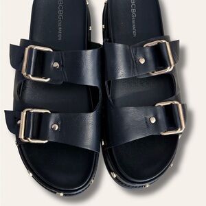 BCBGeneration Black Double-Buckle Slide Platform Sandals with Gold Buckles